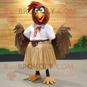 Brown Roosters mascot costume character dressed with a Maxi Skirt and Shoe laces