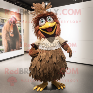 Brown Roosters mascot costume character dressed with a Maxi Skirt and Shoe laces