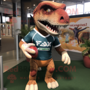 nan T Rex mascot costume character dressed with a Rugby Shirt and Clutch bags