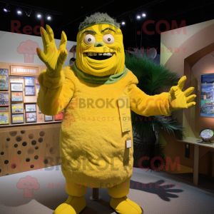 Lemon Yellow Frankenstein mascot costume character dressed with a Cover-up and Brooches