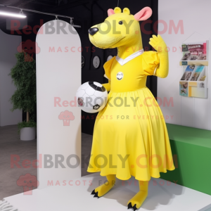 Lemon Yellow Tapir mascot costume character dressed with a Ball Gown and Hair clips