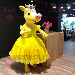 Lemon Yellow Tapir mascot costume character dressed with a Ball Gown and Hair clips