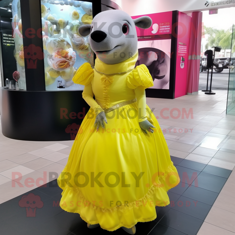 Lemon Yellow Tapir mascot costume character dressed with a Ball Gown and Hair clips