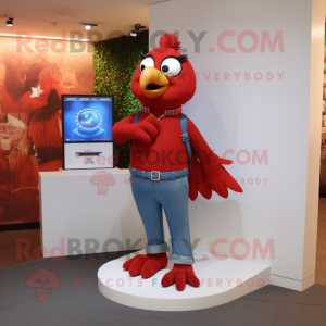 Red Dove mascot costume character dressed with a Jeans and Watches