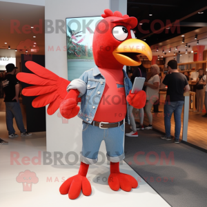Red Dove mascot costume character dressed with a Jeans and Watches