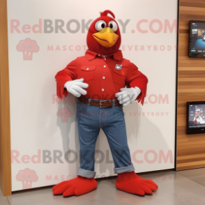 Red Dove mascot costume character dressed with a Jeans and Watches