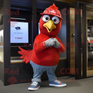 Red Dove mascot costume character dressed with a Jeans and Watches