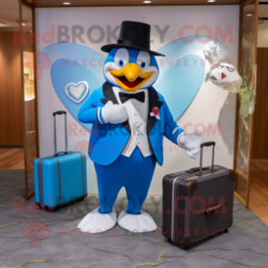 Blue Arrow Of Love mascot costume character dressed with a Tuxedo and Messenger bags