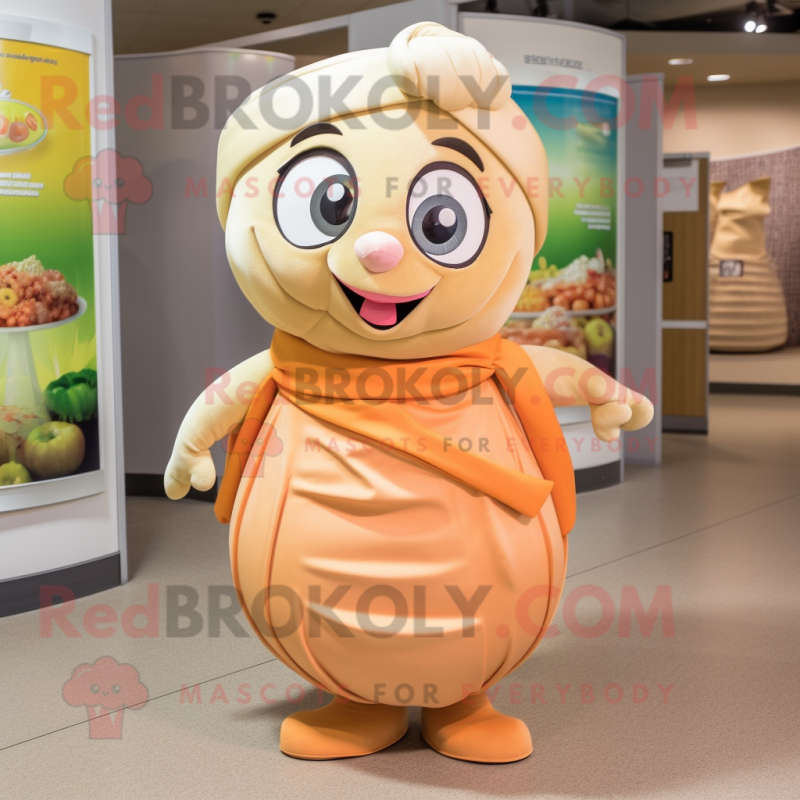Tan Apricot mascot costume character dressed with a Wrap Skirt and Headbands Tan Apricot mascot costume character dressed with a Wrap Skirt and Headbands