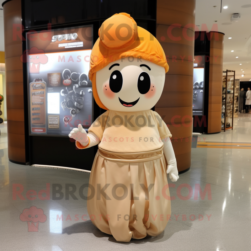 Tan Apricot mascot costume character dressed with a Wrap Skirt and Headbands