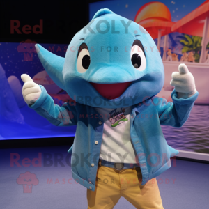 Cyan Stingray mascot costume character dressed with a Denim Shorts and Beanies