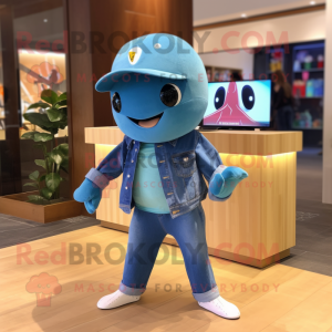 Cyan Stingray mascot costume character dressed with a Denim Shorts and Beanies