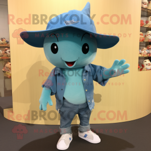 Cyan Stingray mascot costume character dressed with a Denim Shorts and Beanies