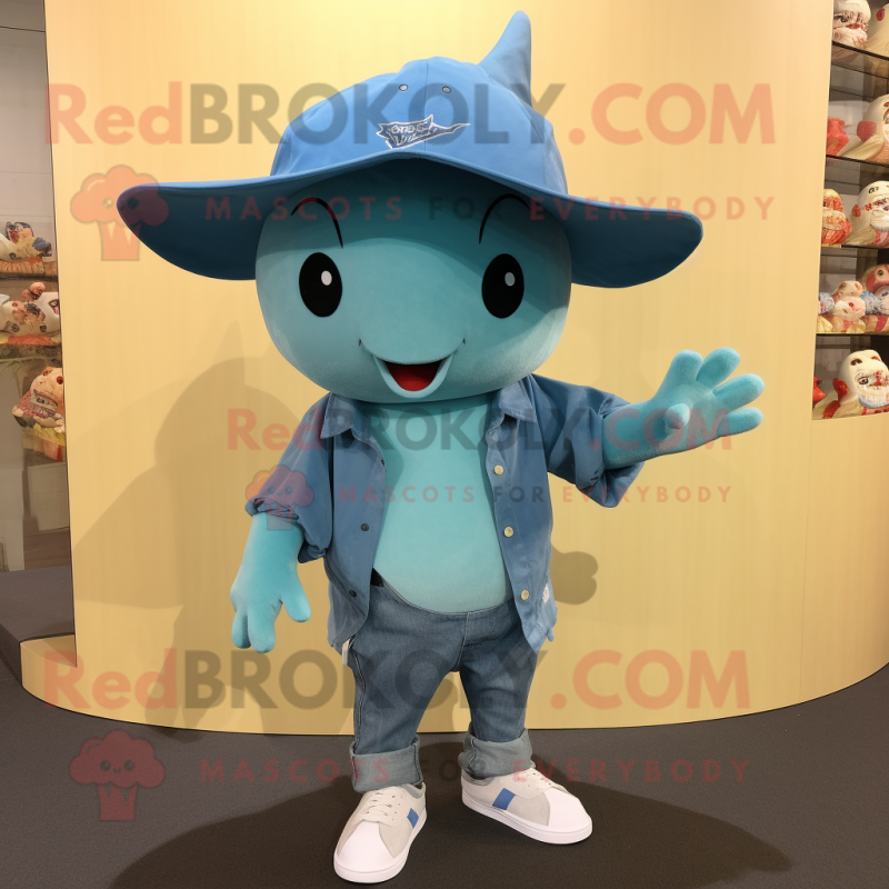Cyan Stingray mascot costume character dressed with a Denim Shorts and Beanies Cyan Stingray mascot costume character dressed with a Denim Shorts and Beanies