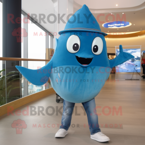 Cyan Stingray mascot costume character dressed with a Denim Shorts and Beanies