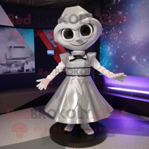 Silver Gyro mascot costume character dressed with a Shift Dress and Bow ties