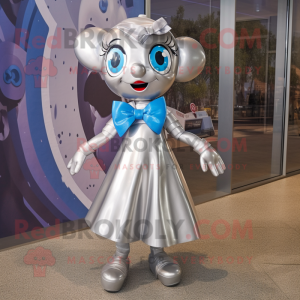 Silver Gyro mascot costume character dressed with a Shift Dress and Bow ties