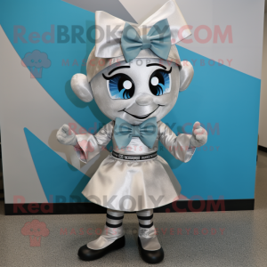 Silver Gyro mascot costume character dressed with a Shift Dress and Bow ties