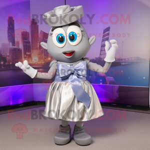 Silver Gyro mascot costume character dressed with a Shift Dress and Bow ties