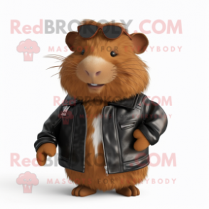 Brown Guinea Pig mascot costume character dressed with a Leather Jacket and Ties