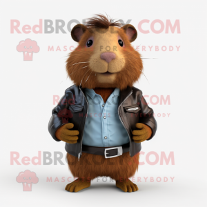 Brown Guinea Pig mascot costume character dressed with a Leather Jacket and Ties