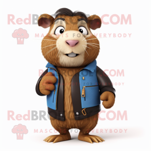 Brown Guinea Pig mascot costume character dressed with a Leather Jacket and Ties
