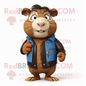 Brown Guinea Pig mascot costume character dressed with a Leather Jacket and Ties