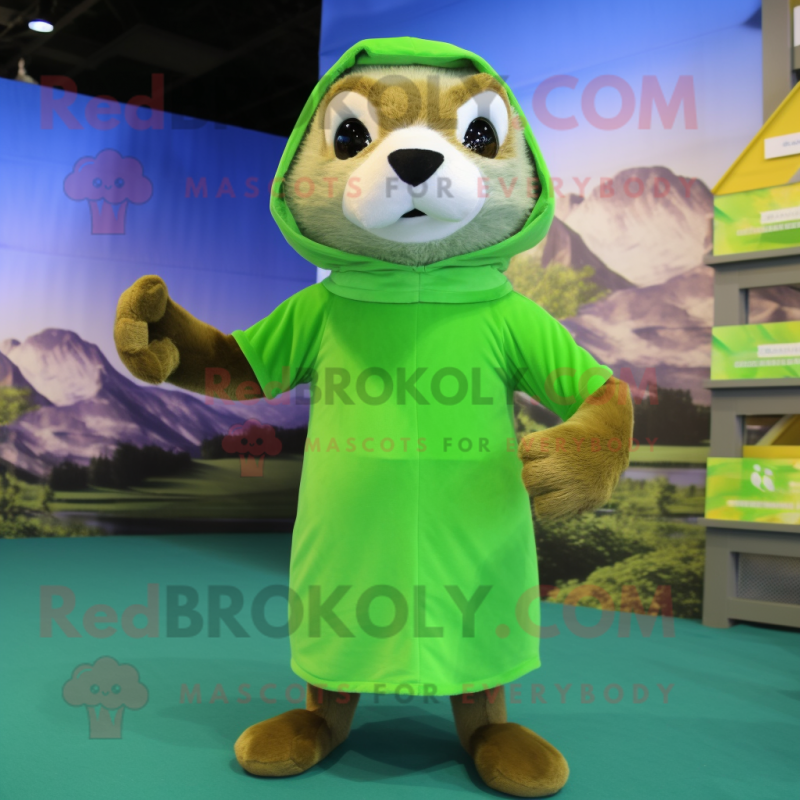 Lime Green Otter mascot costume character dressed with a Tank Top and Shawl pins Lime Green Otter mascot costume character dressed with a Tank Top and Shawl pins