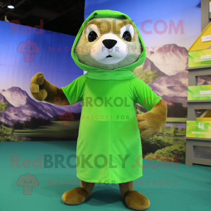 Lime Green Otter mascot costume character dressed with a Tank Top and Shawl pins