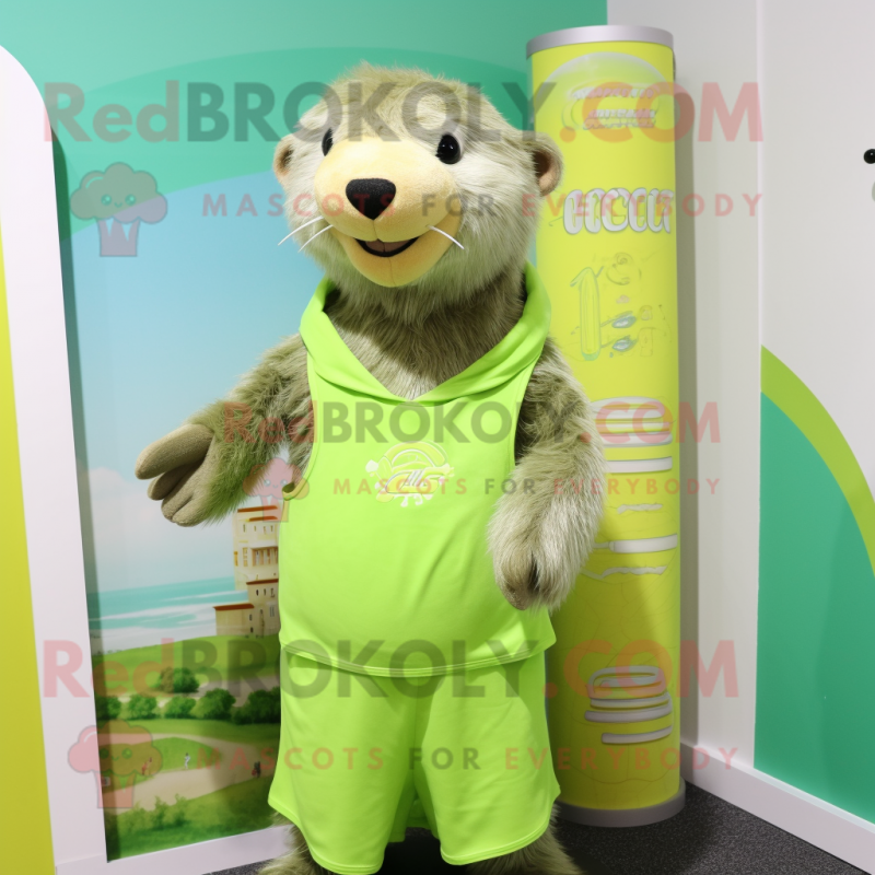 Lime Green Otter mascot costume character dressed with a Tank Top and Shawl pins