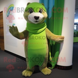 Lime Green Otter mascot costume character dressed with a Tank Top and Shawl pins