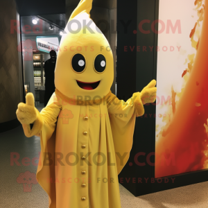 Gold Pepper mascot costume character dressed with a Jumpsuit and Scarves
