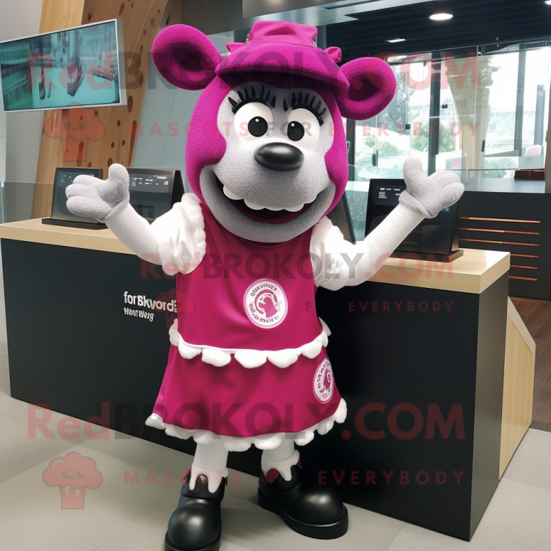 Magenta Steak mascot costume character dressed with a Shift Dress and Rings