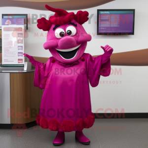 Magenta Steak mascot costume character dressed with a Shift Dress and Rings