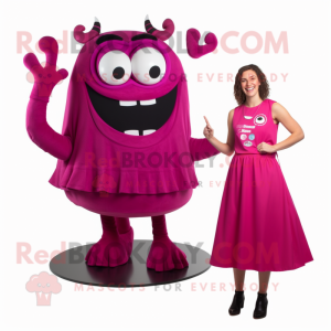 Magenta Steak mascot costume character dressed with a Shift Dress and Rings