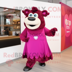 Magenta Steak mascot costume character dressed with a Shift Dress and Rings