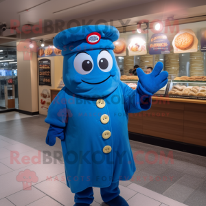 Blue Bagels mascot costume character dressed with a Coat and Caps