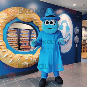 Blue Bagels mascot costume character dressed with a Coat and Caps