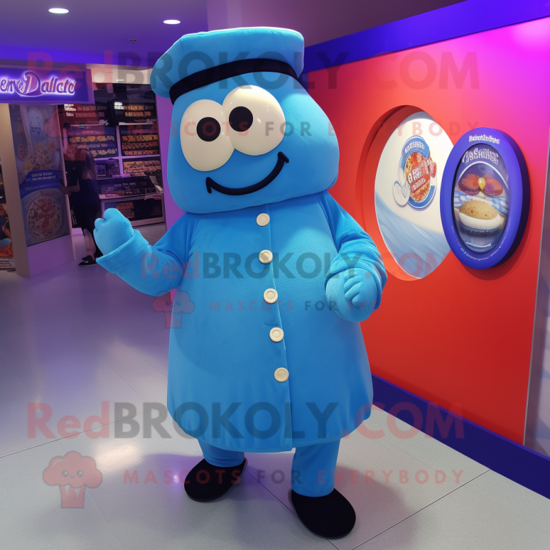 Blue Bagels mascot costume character dressed with a Coat and Caps Blue Bagels mascot costume character dressed with a Coat and Caps