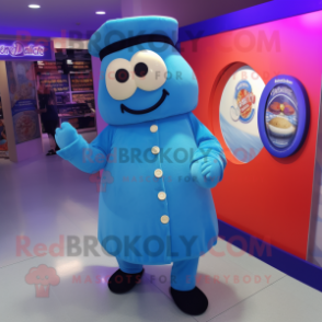 Blue Bagels mascot costume character dressed with a Coat and Caps