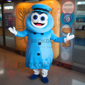 Blue Bagels mascot costume character dressed with a Coat and Caps