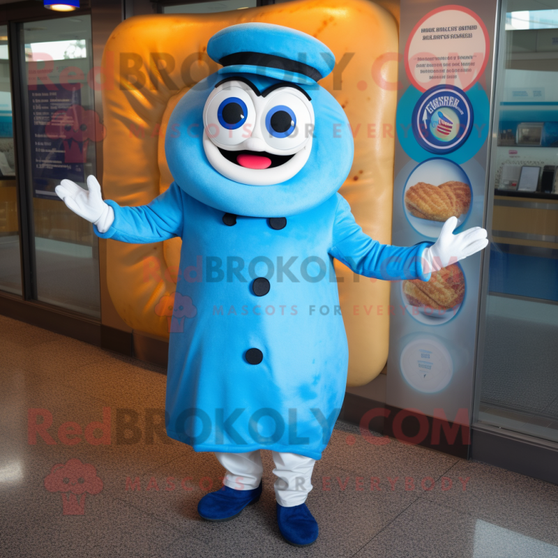 Blue Bagels mascot costume character dressed with a Coat and Caps Blue Bagels mascot costume character dressed with a Coat and Caps