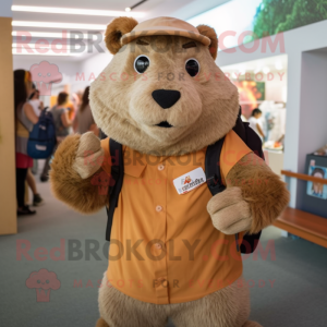 Tan Marmot mascot costume character dressed with a T-Shirt and Backpacks