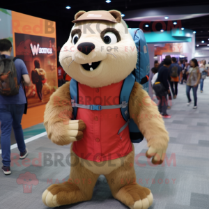 Tan Marmot mascot costume character dressed with a T-Shirt and Backpacks