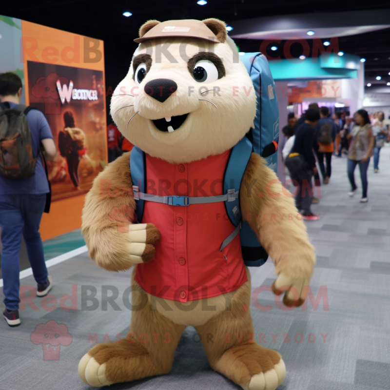 Tan Marmot mascot costume character dressed with a T-Shirt and Backpacks Tan Marmot mascot costume character dressed with a T-Shirt and Backpacks