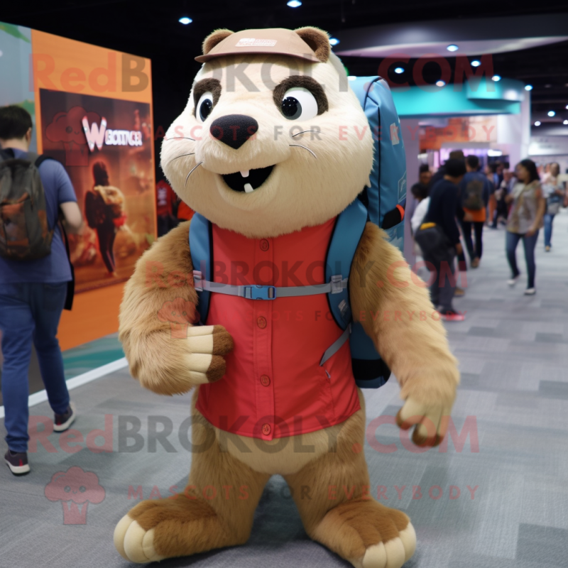 Tan Marmot mascot costume character dressed with a T-Shirt and Backpacks