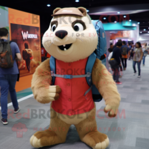 Tan Marmot mascot costume character dressed with a T-Shirt and Backpacks