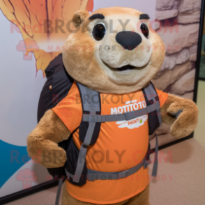 Tan Marmot mascot costume character dressed with a T-Shirt and Backpacks