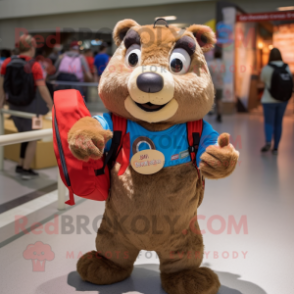 Tan Marmot mascot costume character dressed with a T-Shirt and Backpacks