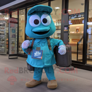 Teal Squash mascot costume character dressed with a Button-Up Shirt and Messenger bags